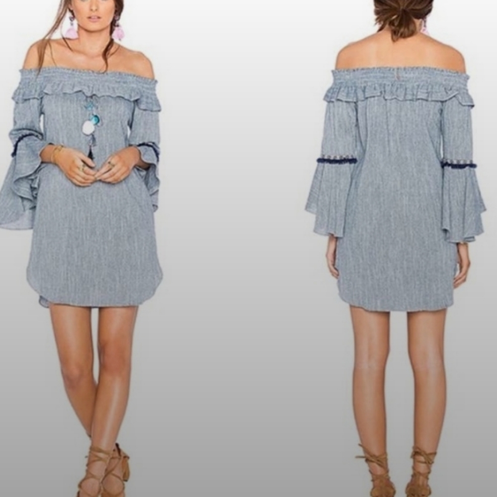 Misa Los Angeles La Vanessa Off the Shoulder Chambray Blue Dress Wide Sleeves Lg